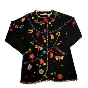 Michael Simon Sweater Vintage Black Cardigan Long Sleeve Beads Fruit Size 1 1994